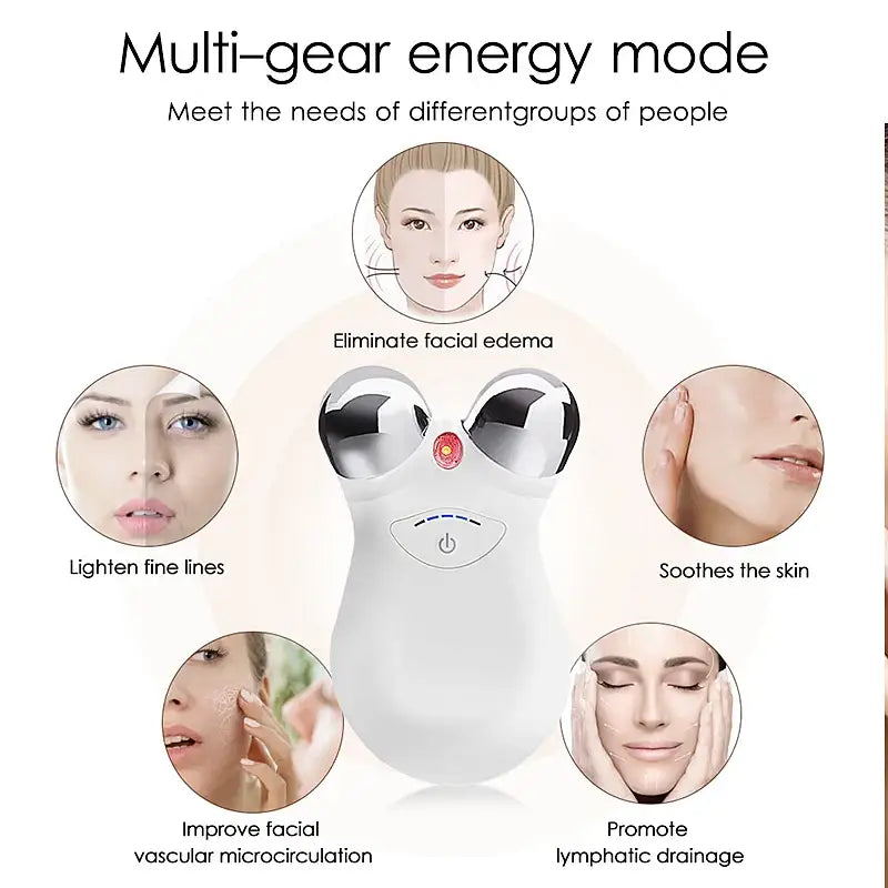 White handheld device with two spherical protrusions resembling a facial massage tool.