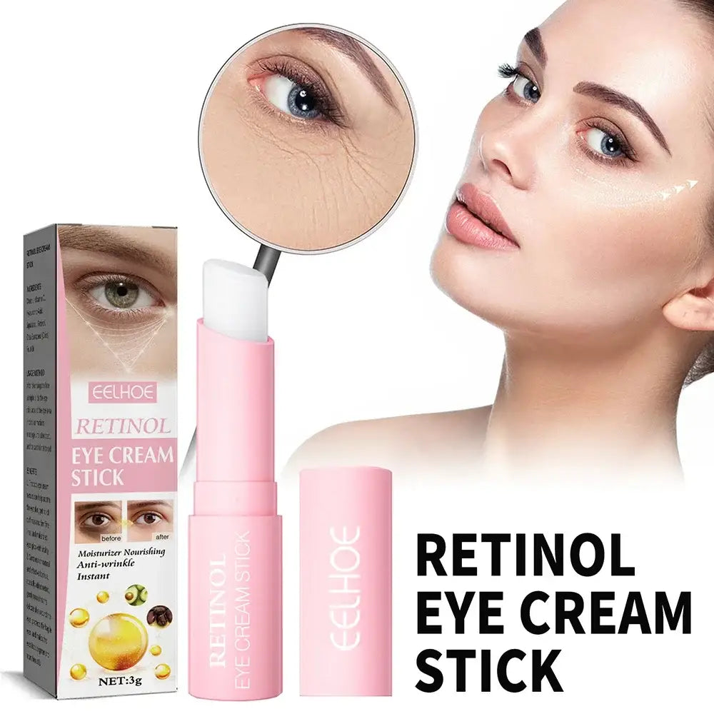 Retinol eye cream stick in pink packaging with product images and close-up of an eye area.