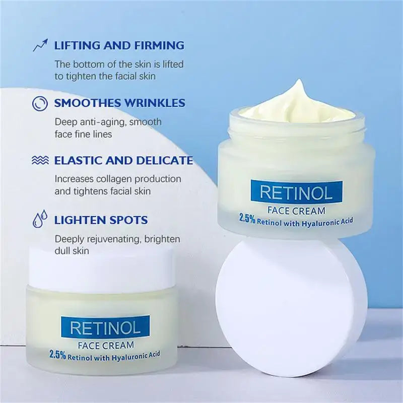 Jar of Retinol face cream with product benefits listed beside it.