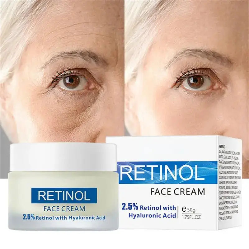 Retinol face cream product with before and after skin comparison.