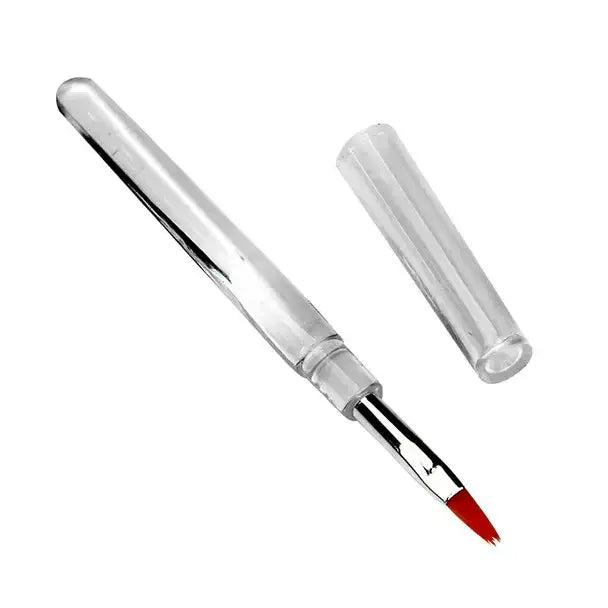 Retractable makeup brush with a silver handle and red bristles.