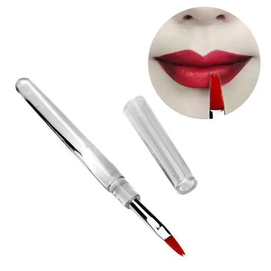 Retractable lip brush with a silver metal handle and red bristles.