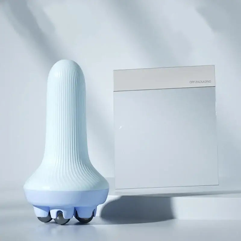 White ribbed massage device with blue base and multiple rollers.