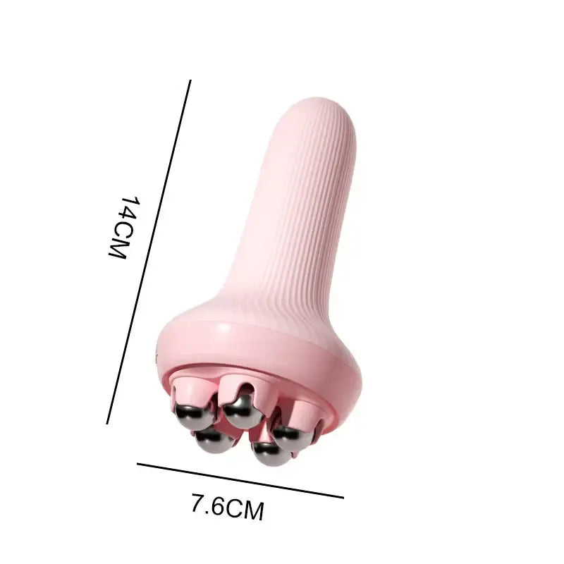 Pink handheld massage tool with two rotating balls at the end.