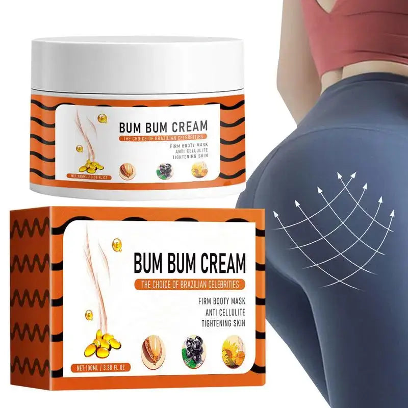 Bum Bum Cream product with jar, box packaging, and partial view of a person’s lower body in tight-fitting clothing.