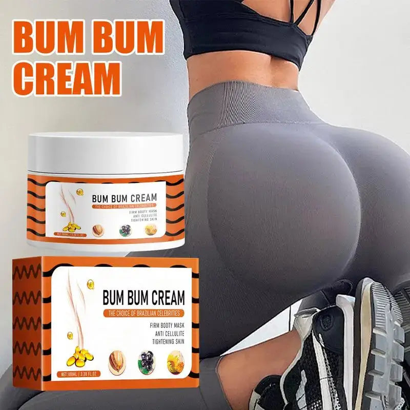 Jar and box of ’Bum Bum Cream’ alongside an image of a woman’s lower body in tight-fitting workout clothes.