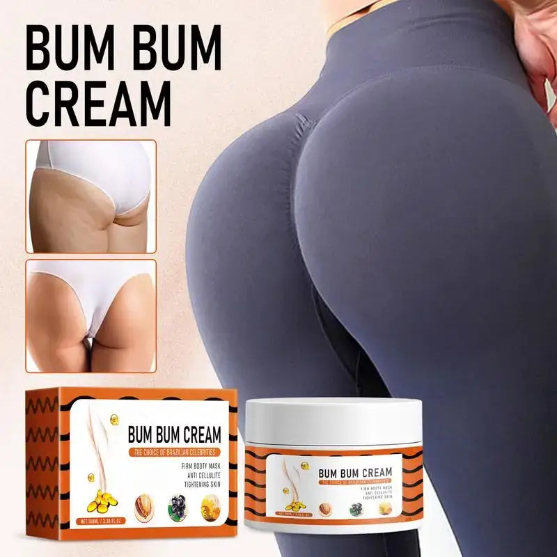 A jar of ’Bum Bum Cream’ marketed for buttock enhancement, shown alongside images of body parts and product packaging.