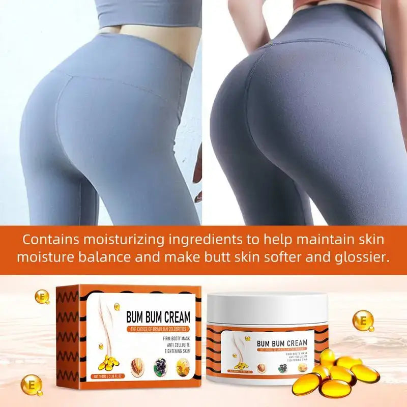 Butt-enhancing cream product with moisturizing ingredients, shown alongside images of women’s buttocks in tight leggings.