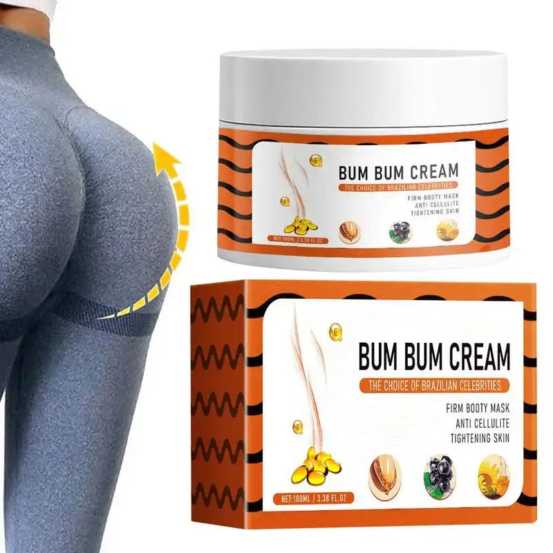 Butt-enhancing cream product with packaging showing ingredients like mango and almond.