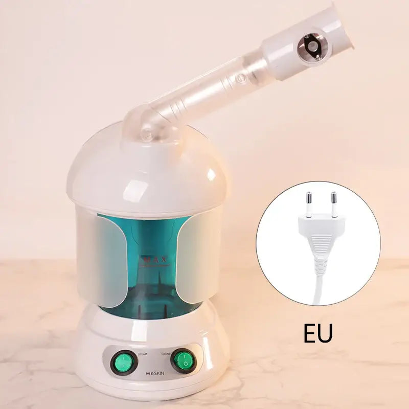 Facial steamer with a white body, teal base, and adjustable nozzle.