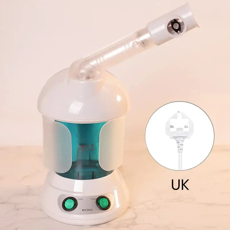 Facial steamer with a white base, teal reservoir, and adjustable nozzle.