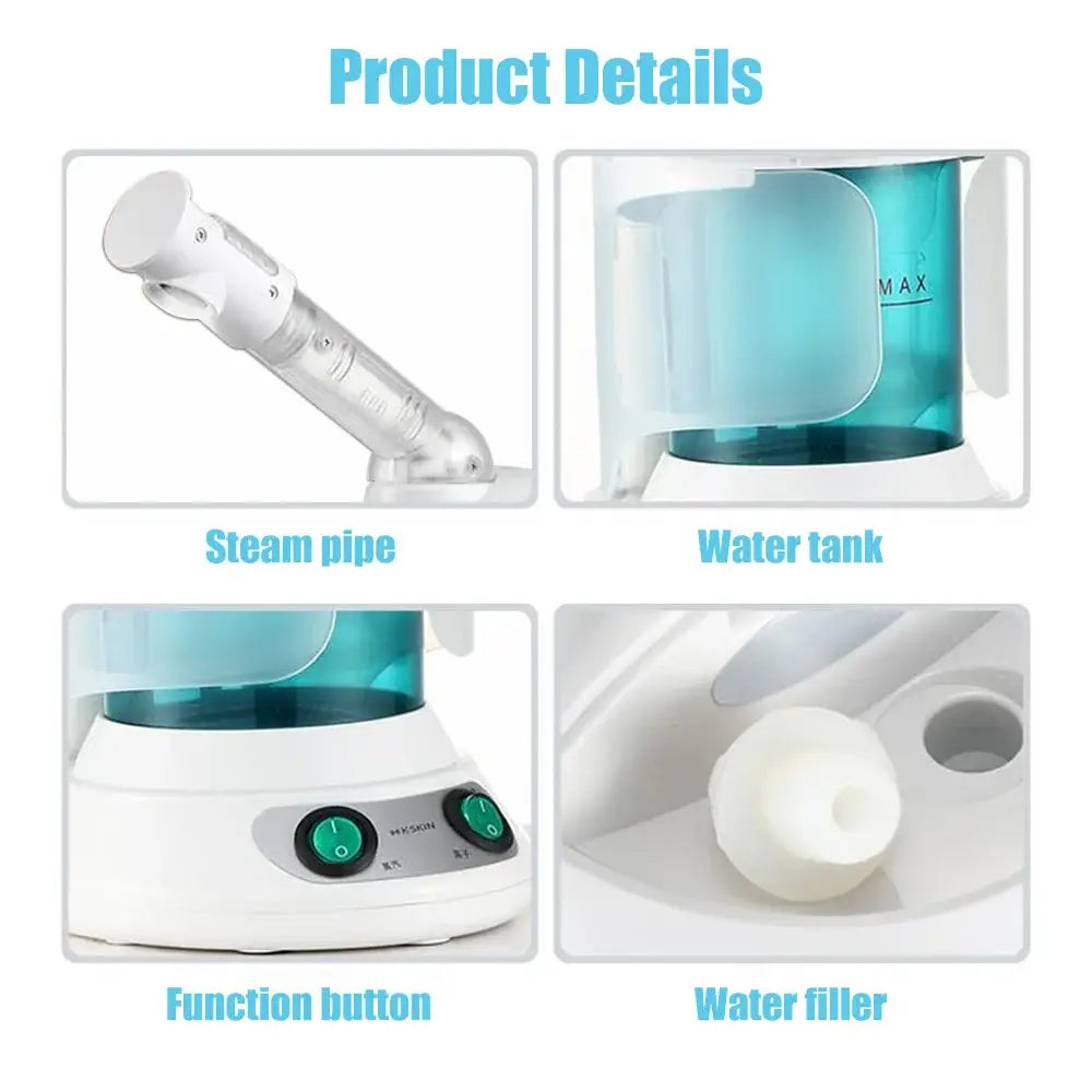 Facial steamer device with water tank, steam pipe, function buttons, and water filler components.