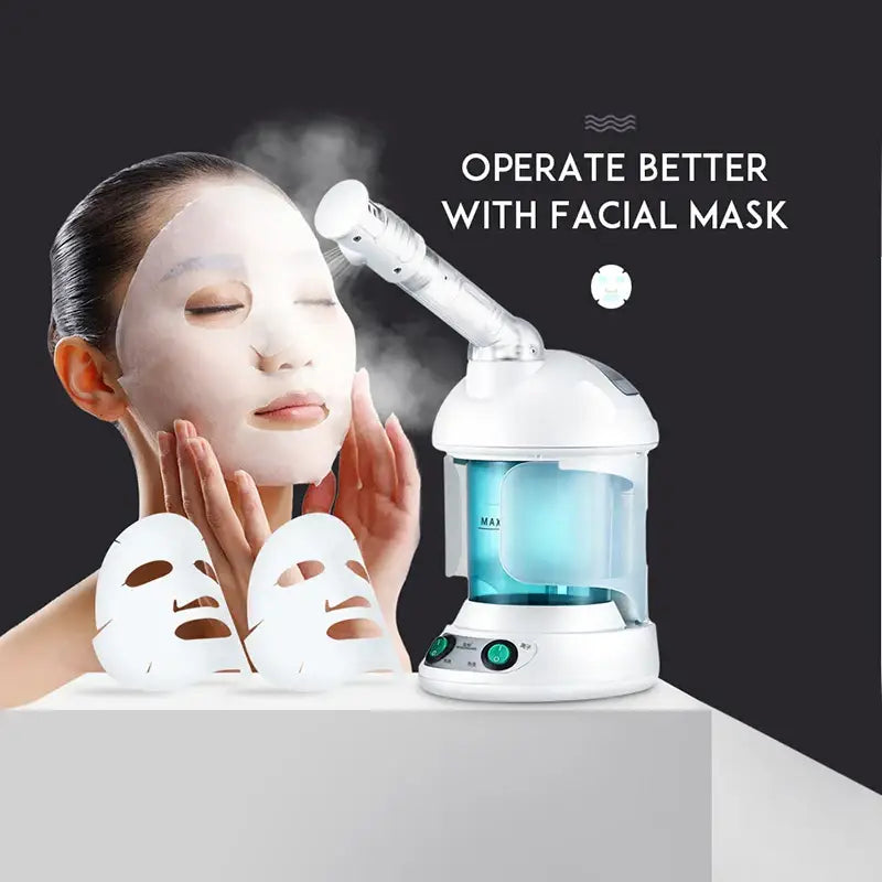 Facial mask maker device with a steaming nozzle and additional sheet masks.