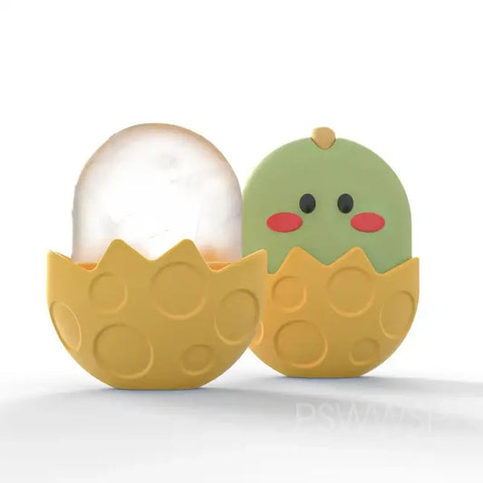 Cute cartoon-style egg and chick characters in yellow eggshell halves.