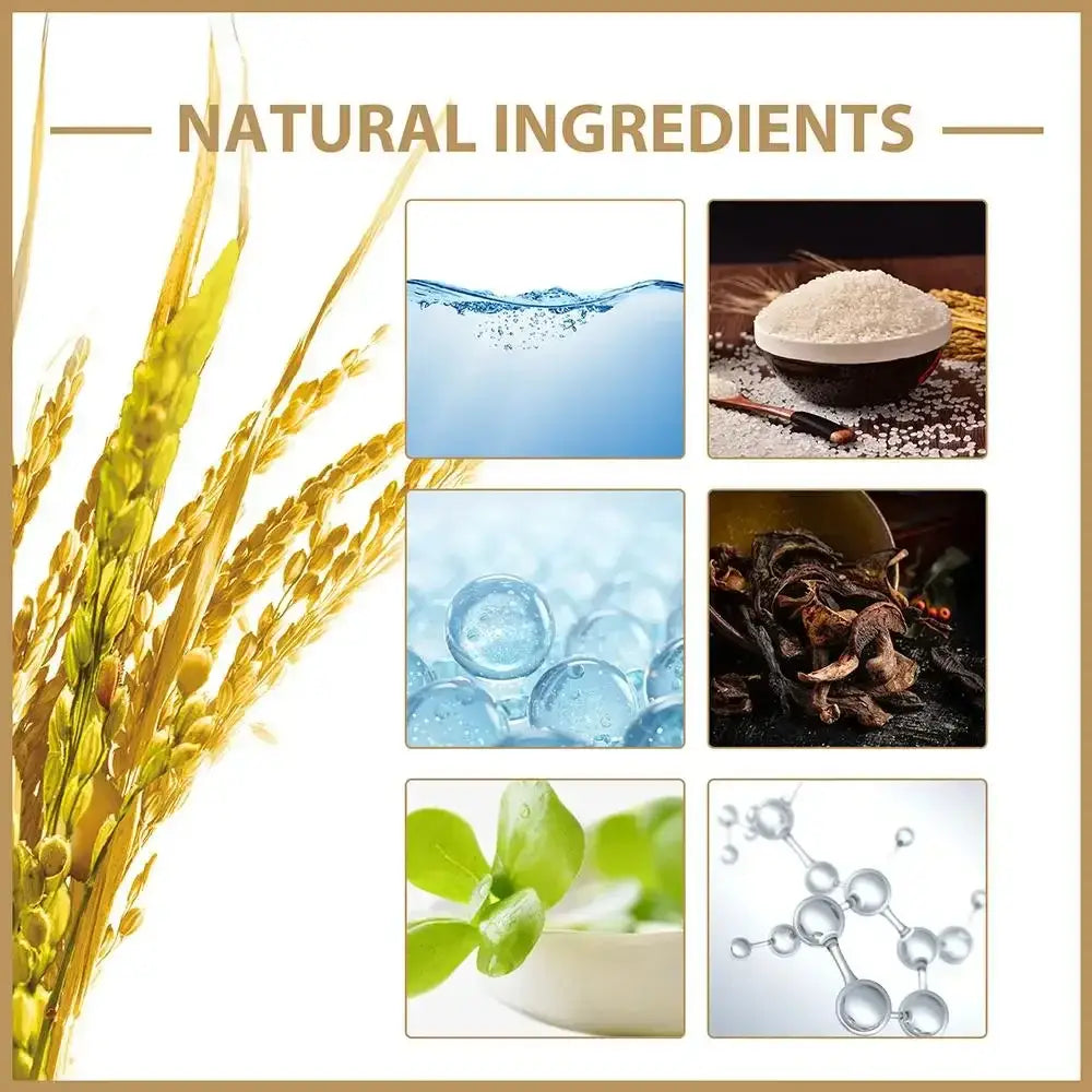 Collage of natural ingredients and elements including wheat, water, flour, ice cubes, herbs, and molecular structures.