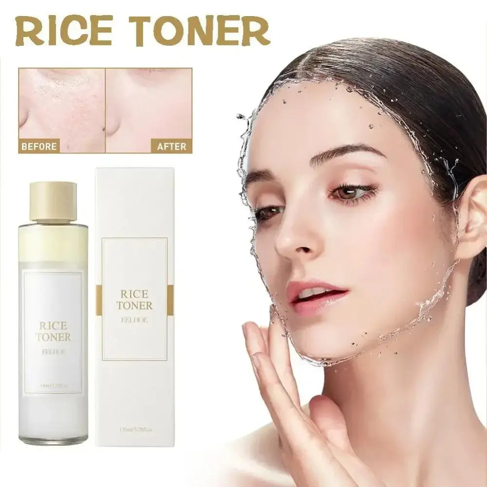 Rice toner skincare product with before and after skin comparison and model demonstration.