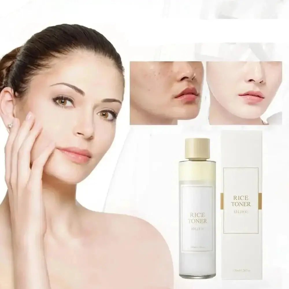 Woman with clear skin touching her face, alongside skincare product bottles and close-up lip images.