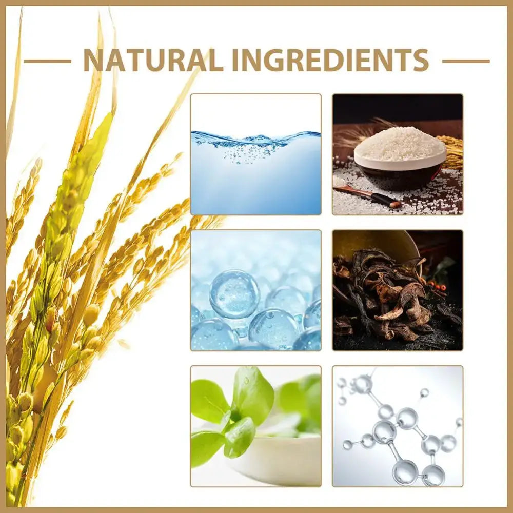 Collage of natural ingredients and elements including wheat stalks, water, flour, bubbles, leaves, and molecular structures.