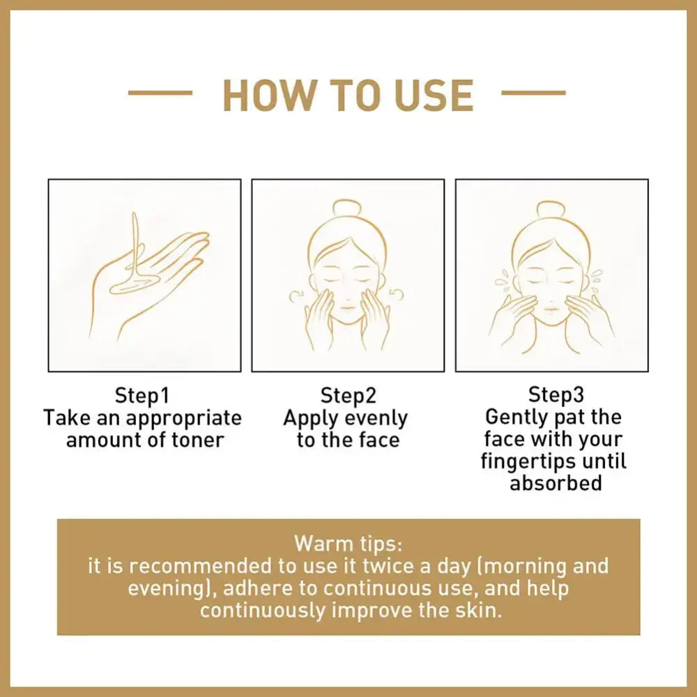 Instructional guide for applying facial toner in three steps.