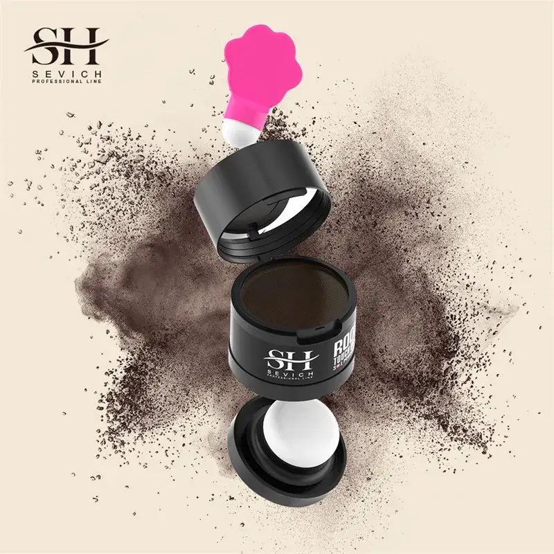 Black cosmetic compact containing dark powder with a pink splash emerging from it.