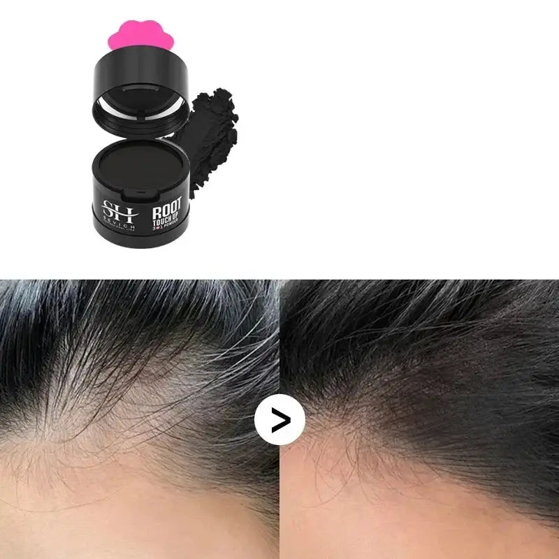 Hair concealer powder in a black container with a pink applicator brush.