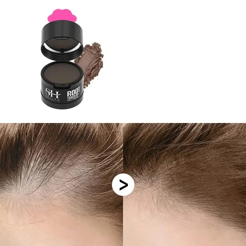 Hair root cover-up powder compact with a before-and-after comparison of its application on a hairline.