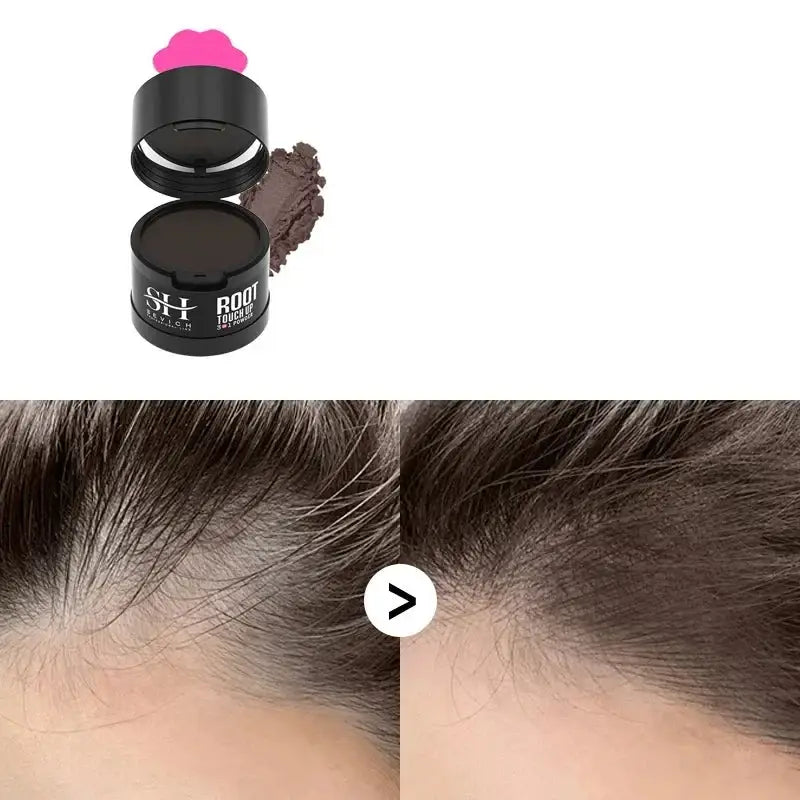 Hair root cover-up powder with a before-and-after comparison showing its effect on thinning hair.