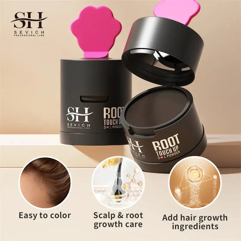 Hair coloring product in black containers with pink flower-shaped lids.