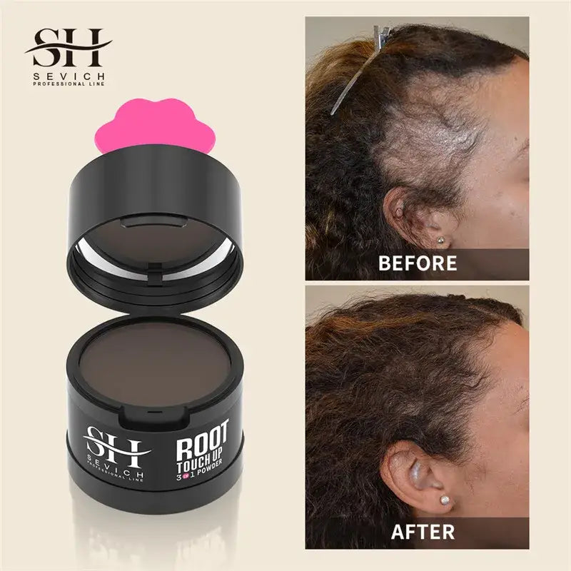 Hair root touch-up powder compact with a pink applicator puff.