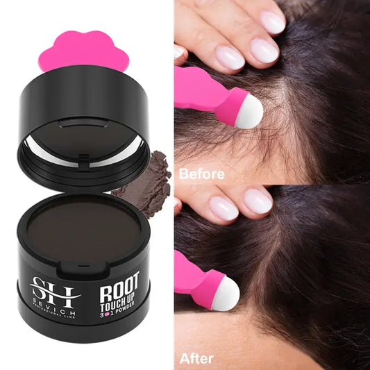 Root touch-up powder compact with a pink applicator for covering gray hair.