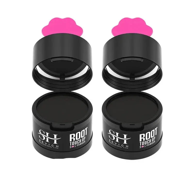 Two black cylindrical containers with pink cloud-shaped lids labeled ’Root Thickener’.