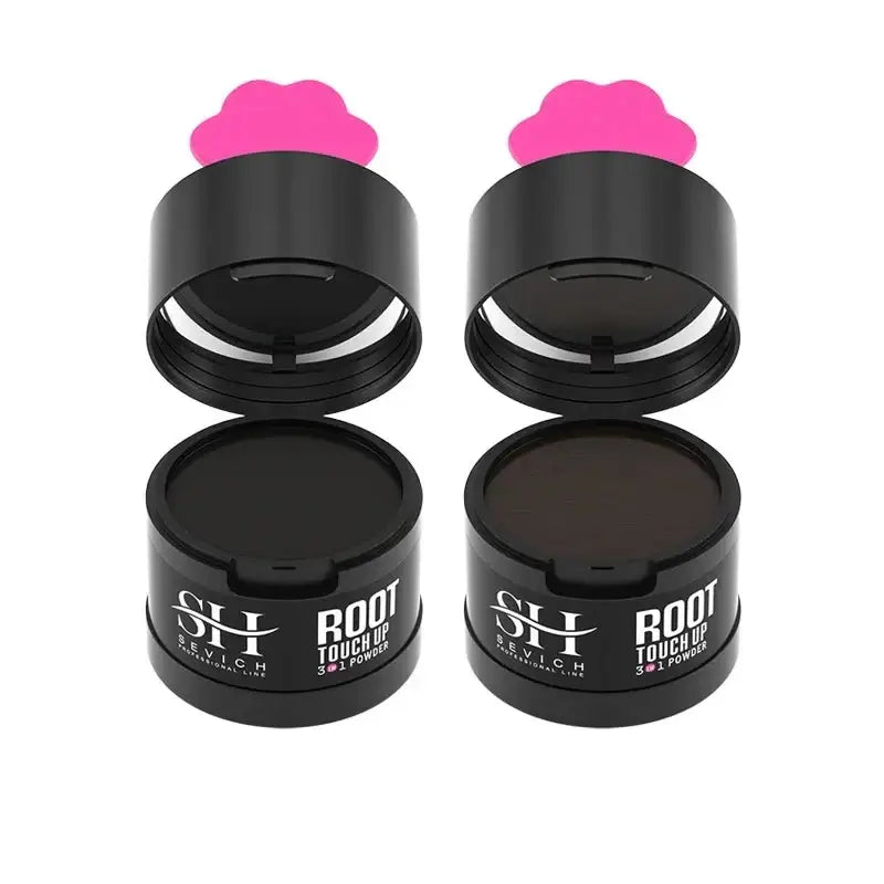 Two black cylindrical containers with pink cloud-shaped tops, labeled ’Root Touchup’ for hair coloring.