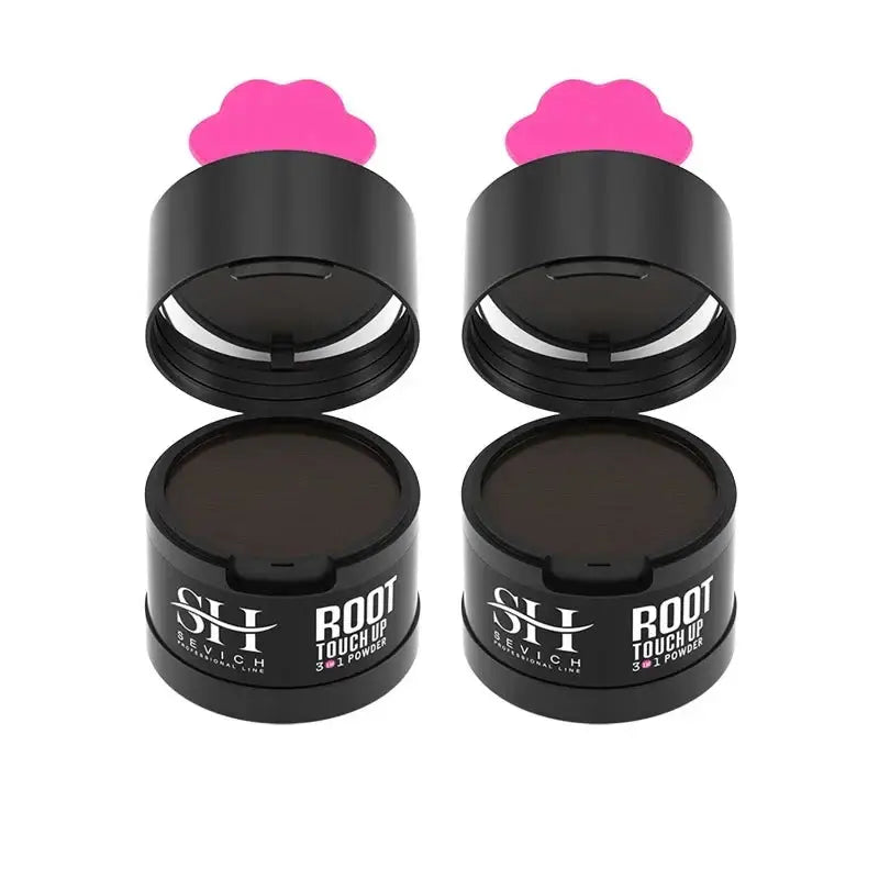 Two black cylindrical containers with pink cloud-shaped lids labeled ’Root Touchup’.