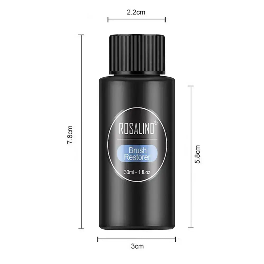 Black bottle of Rosalind brush restorer with measurements indicated.