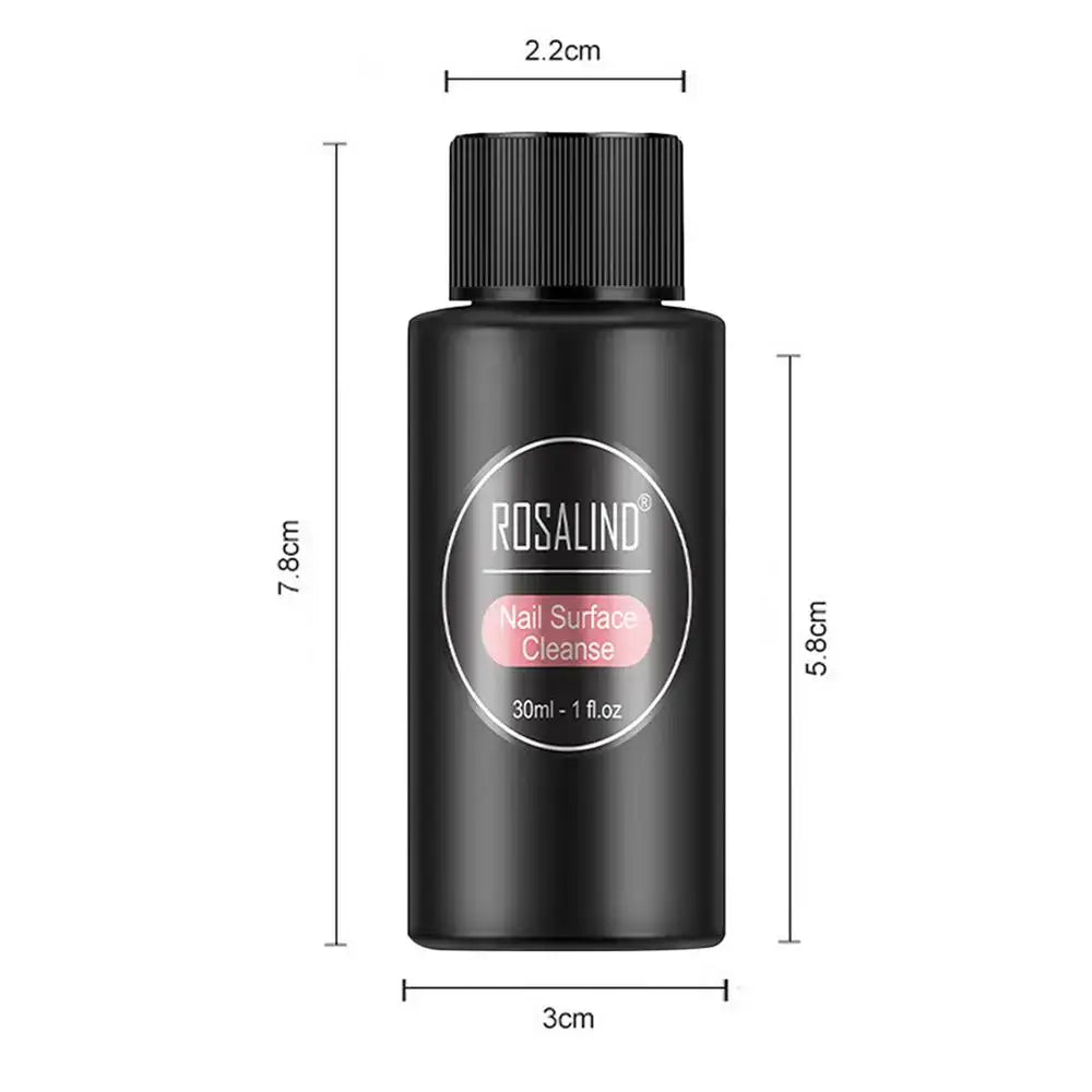 Black bottle of Rosalind nail studio builder gel with measurements indicated.