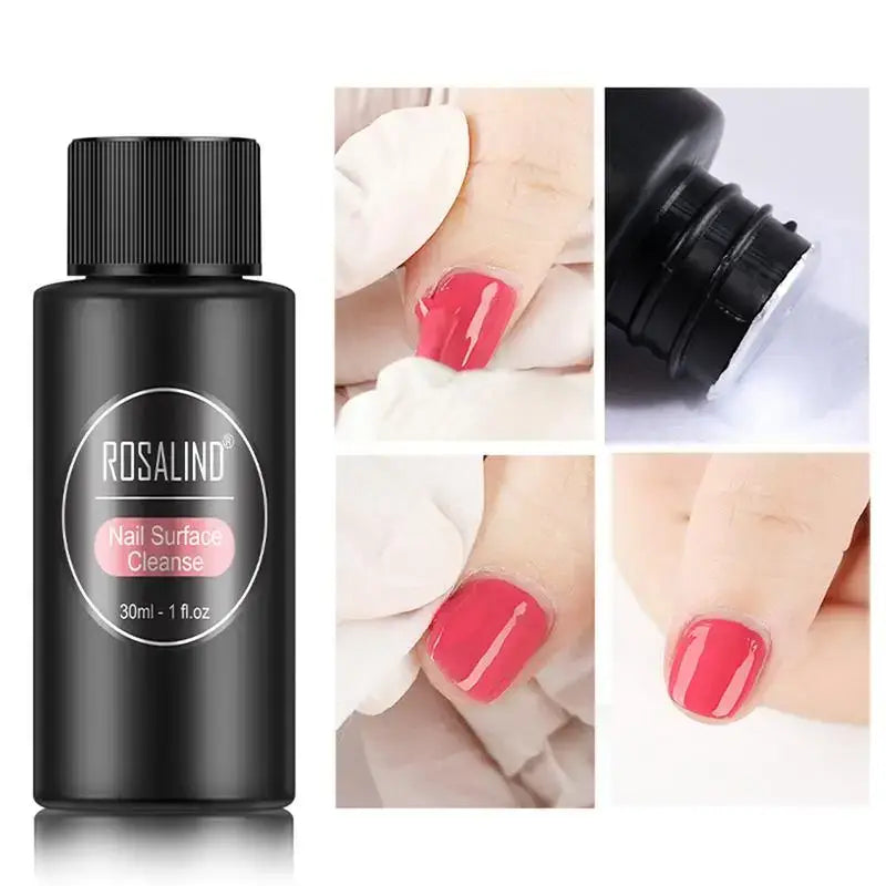 Bottle of Rosalind nail surface cleanser with accompanying nail polish application images.