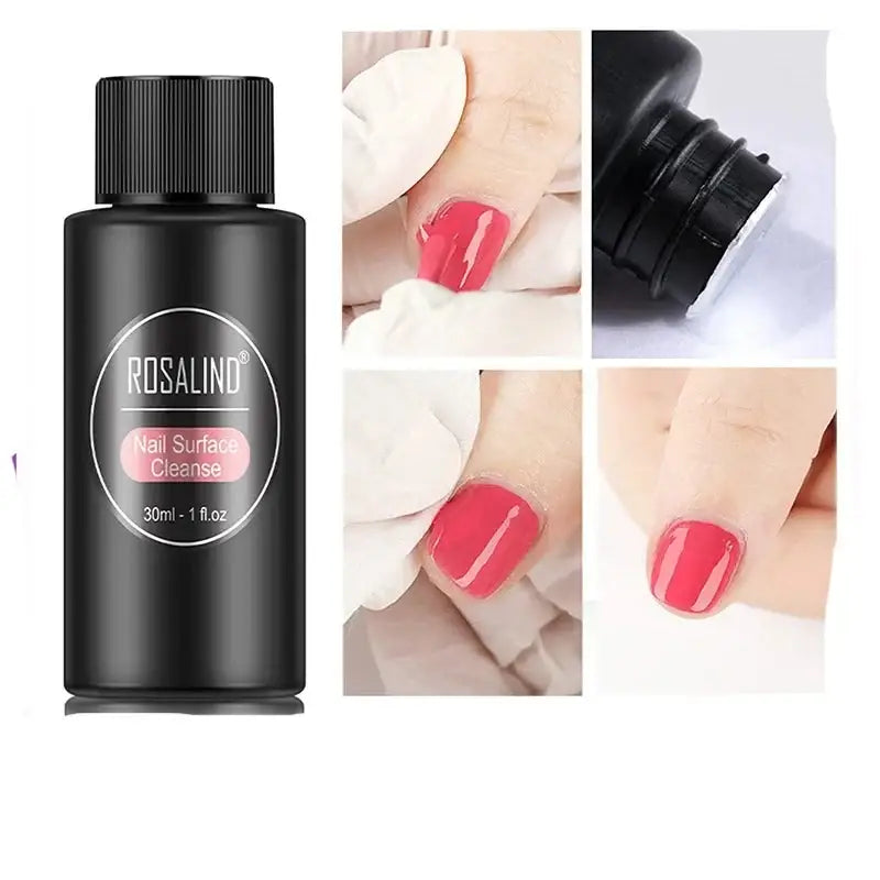 Bottle of Rosalind nail surface cleanser with accompanying nail application images.