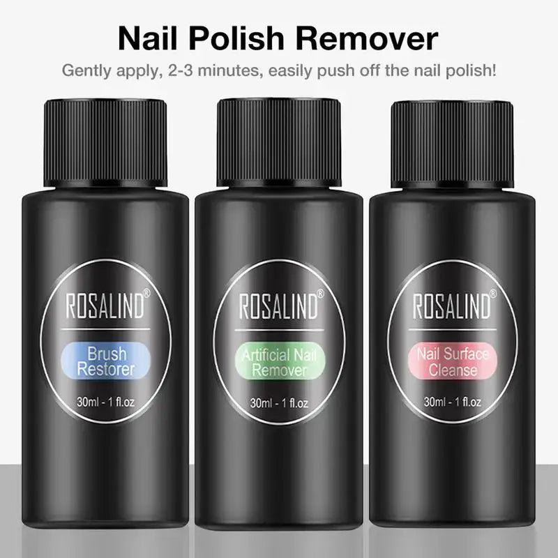 Three black bottles of Rosalind nail polish remover in different formulations.