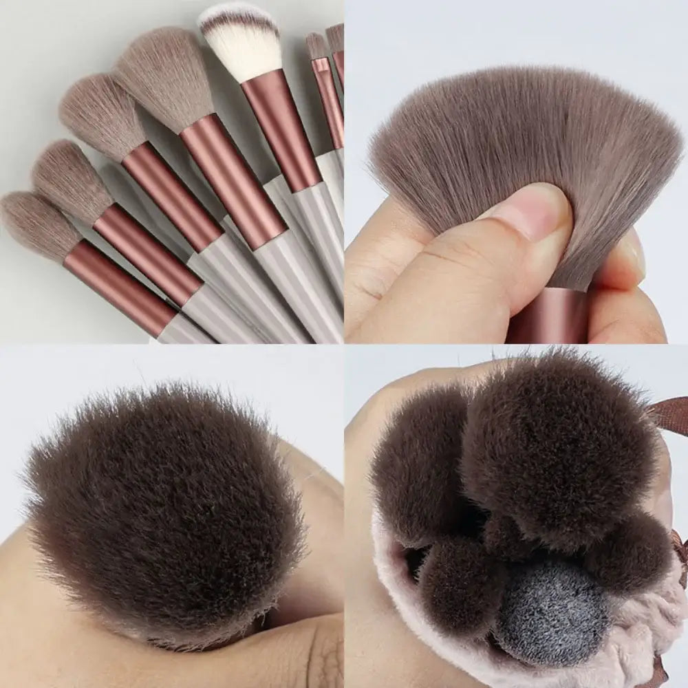 Set of makeup brushes with soft, fluffy bristles in various shapes.