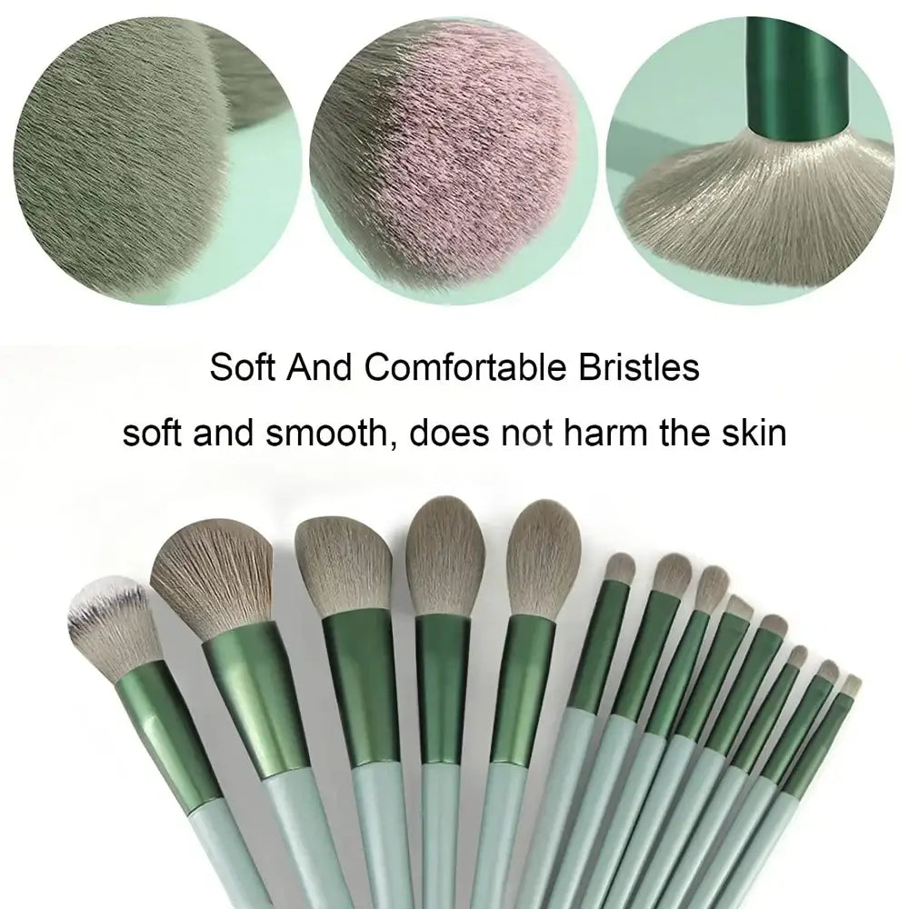 Set of makeup brushes with soft bristles and mint green handles.