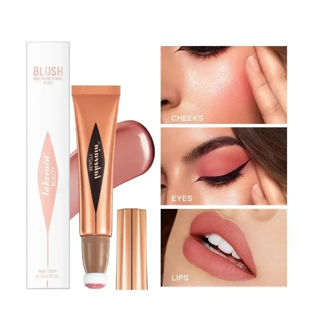 Blush makeup product with accompanying images showing application on cheeks, eyes, and lips.