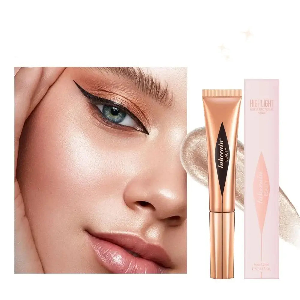 Makeup product tube with rose gold packaging next to a close-up of eye and lip makeup.