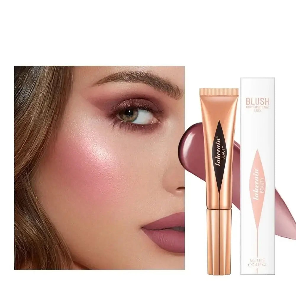 Makeup product featuring a tube of blush alongside a close-up of a woman’s face with applied makeup.