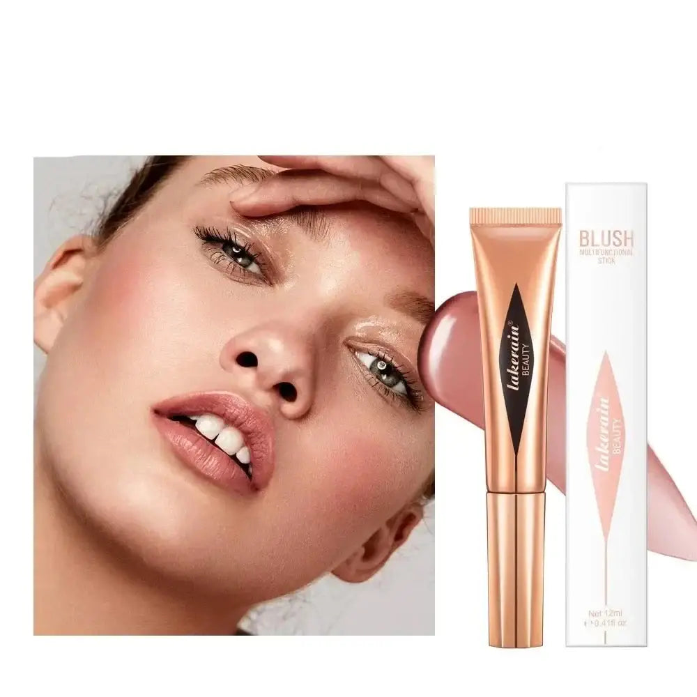 Tube of blush makeup with its packaging alongside a close-up facial image showcasing the product’s effect.