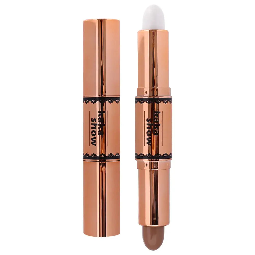 Dual-ended makeup stick with rose gold metallic packaging.