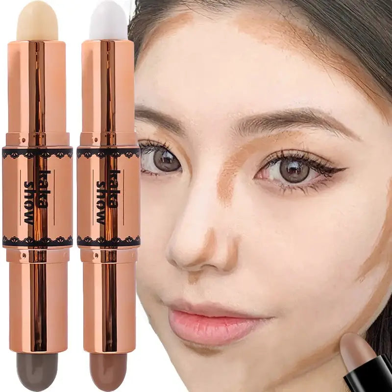 Dual-ended makeup stick with contour and highlight shades in rose gold packaging.