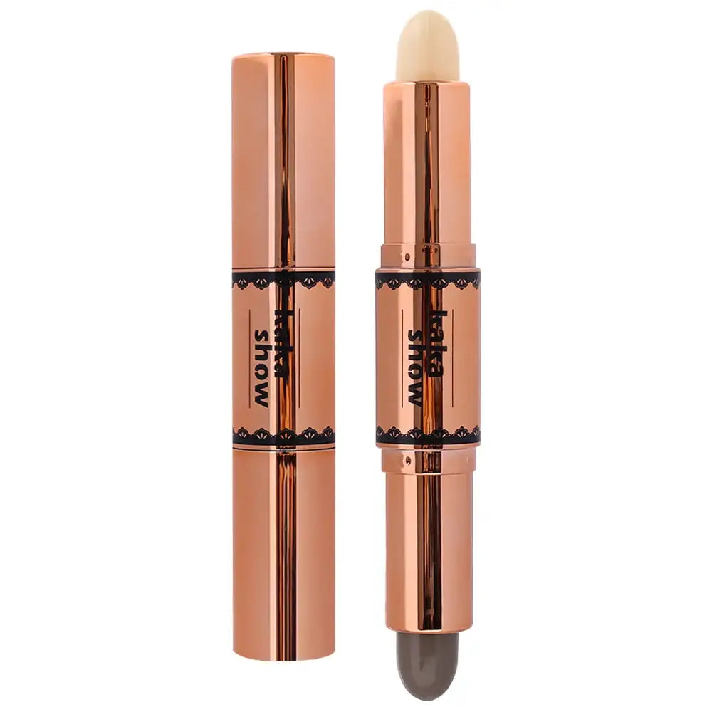 Dual-ended makeup stick with rose gold metallic packaging.