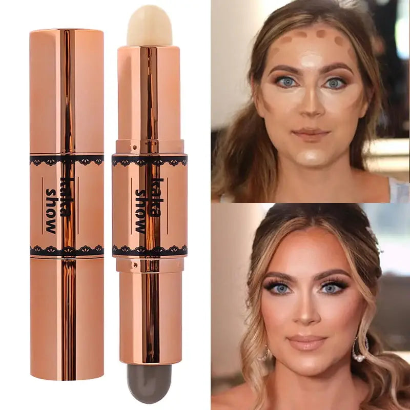 Dual-ended makeup product with a sponge applicator on one end and a metallic rose gold tube design.