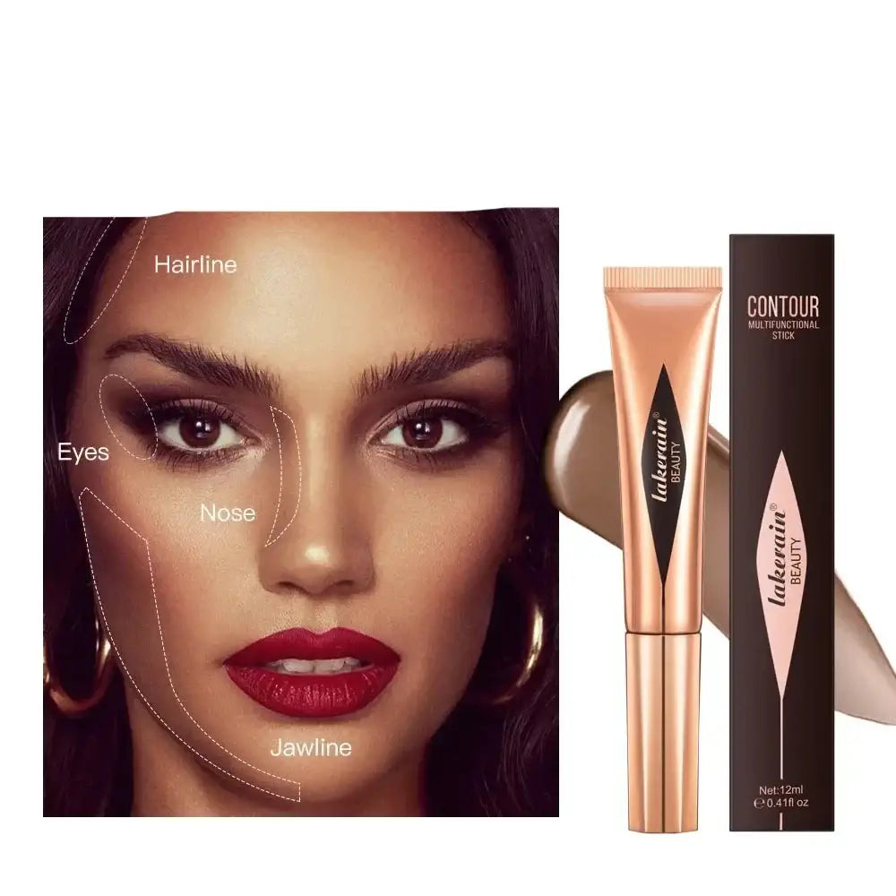 Makeup advertisement featuring a close-up facial portrait and contouring product packaging.