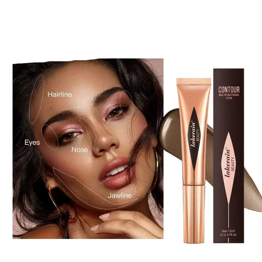 Makeup advertisement featuring a woman’s face with contouring lines and a contour product tube.